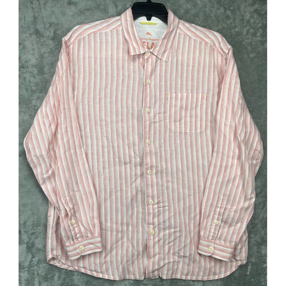 Tommy Bahama Men's Shirt Size XL Peach‎ Striped Long Sleeve Button Up 100% Linen
